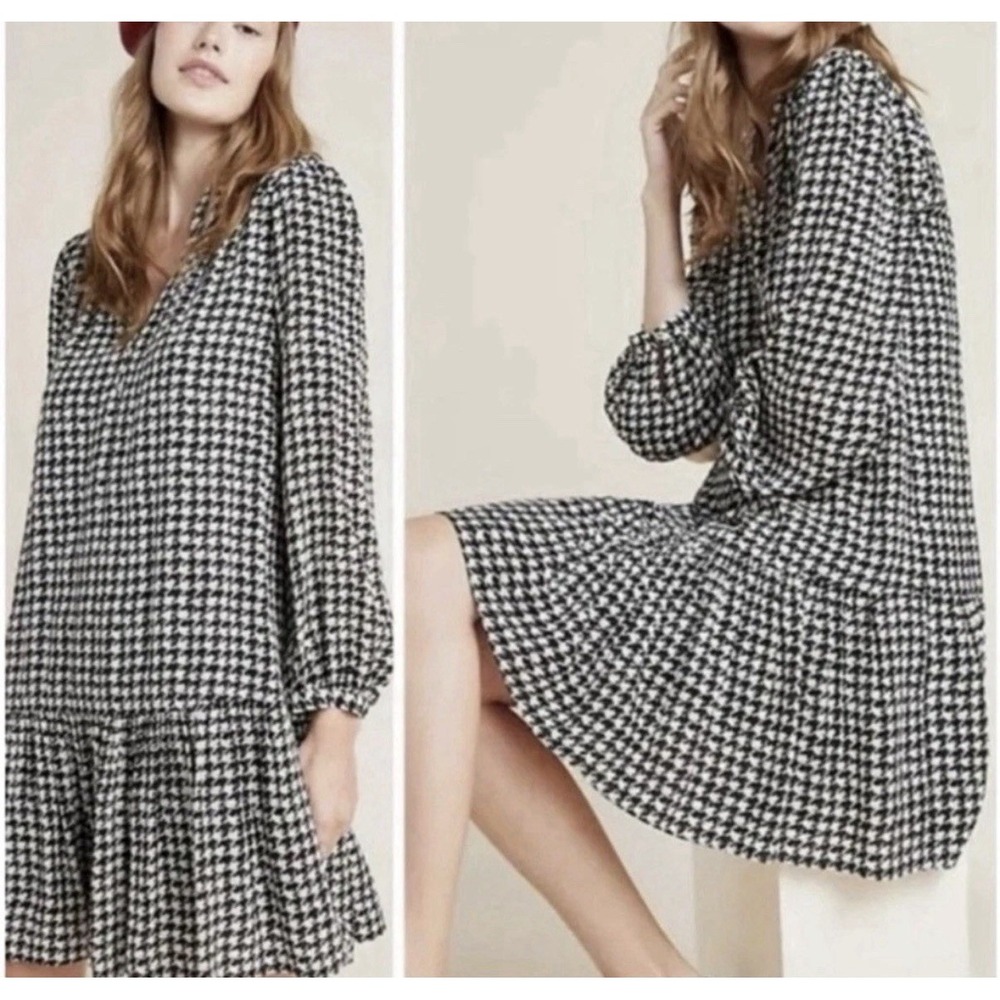 Maeve by Anthropologie Dress Size M Margaret Black White Houndstooth Long Sleeve